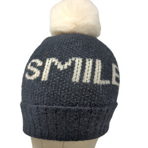 Unbranded Men's Knit Beanie Hat Black Acrylic Pomp Pom Smile Spell Out